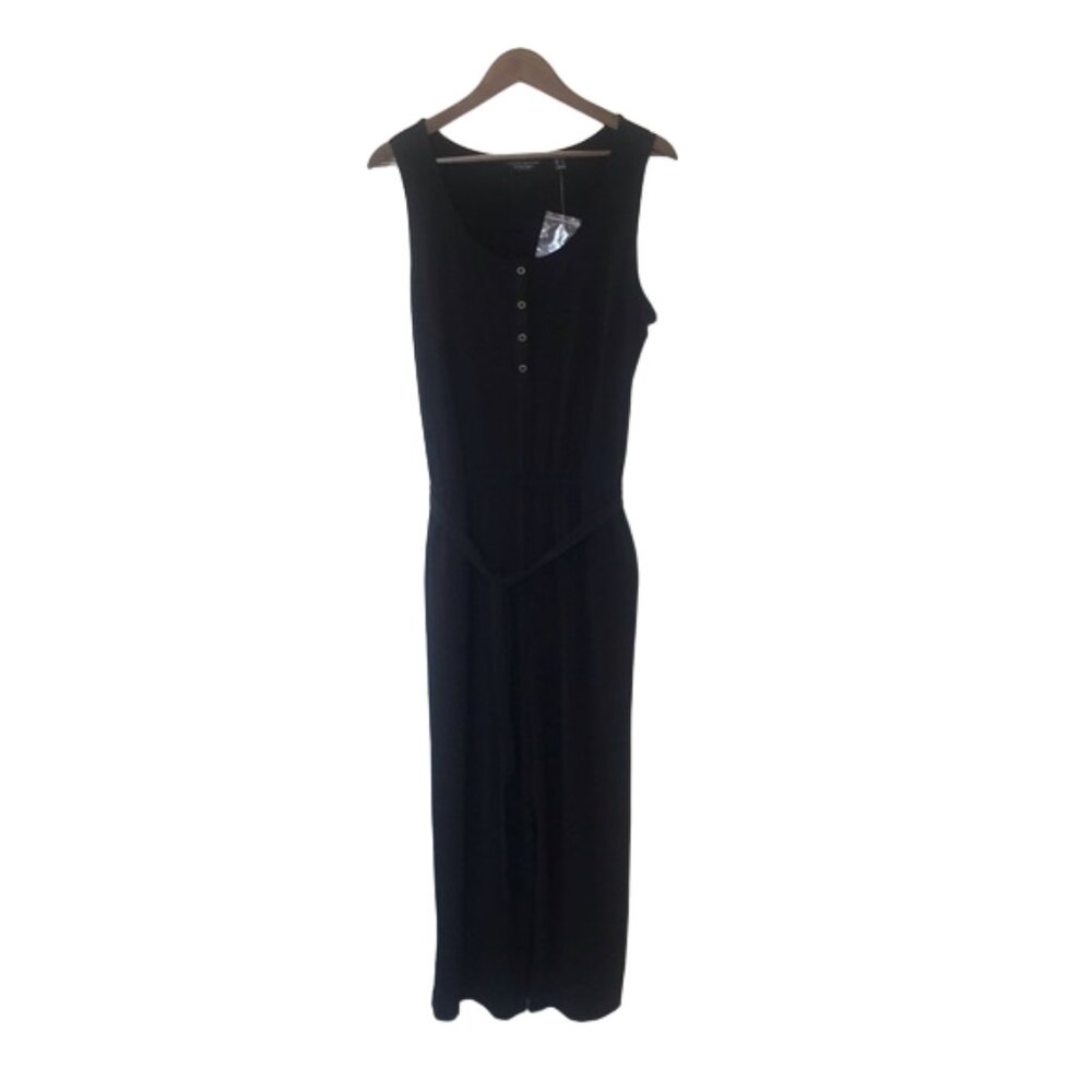 Susan Graver Liquid Knit Sleeveless Crop Jumpsuit Black Wide Leg Pockets Size L - Picture 2 of 8